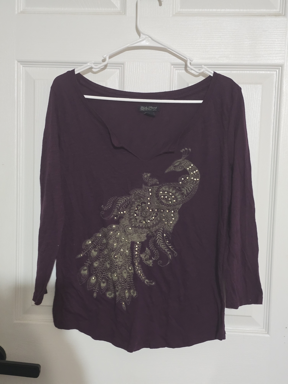 Lucky Brand Plum Long Sleeve Tee with Gold Peacock Graphic